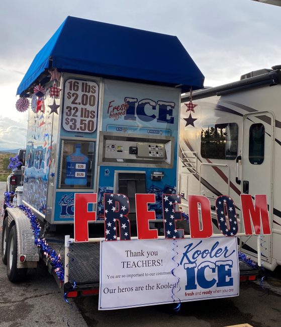 Rydeski ice vending machine float for july 4th parade